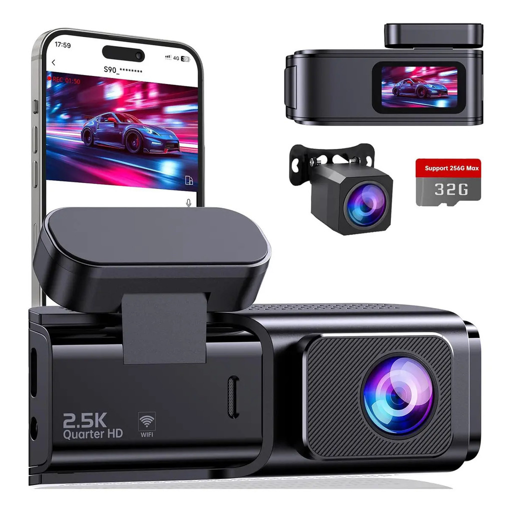 Câmera Veicular Olafvi S90 2 Channel 2.5k+1080p Com 32gb Sd Com Wifi 5g Com G-sensor App Visão Noturna Monitor