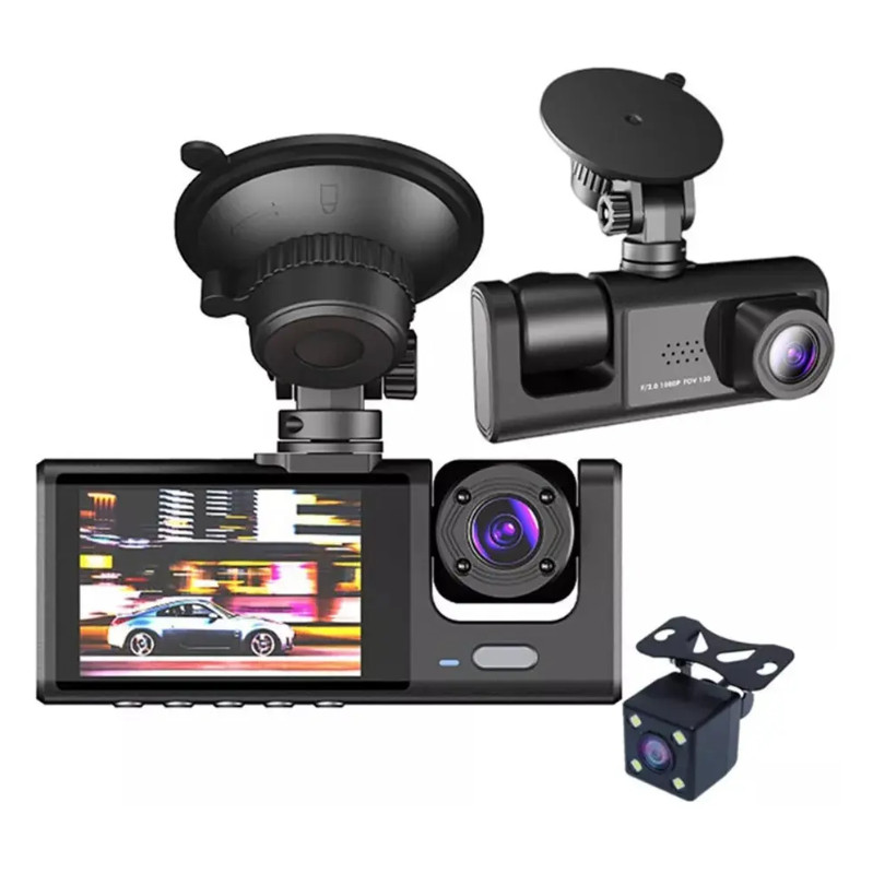 Câmera Veicular DVR Full HD 1080P 3 Lentes Visão Noturna Sensor G Monitor Estacionamento