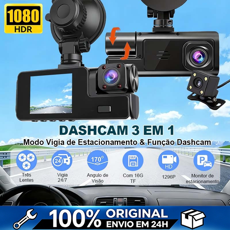 Câmera Veicular Full HD 1296p 3 Lentes (Frontal+Interna+Traseira) Com 16G TF 24H Monitor de Estacionamento