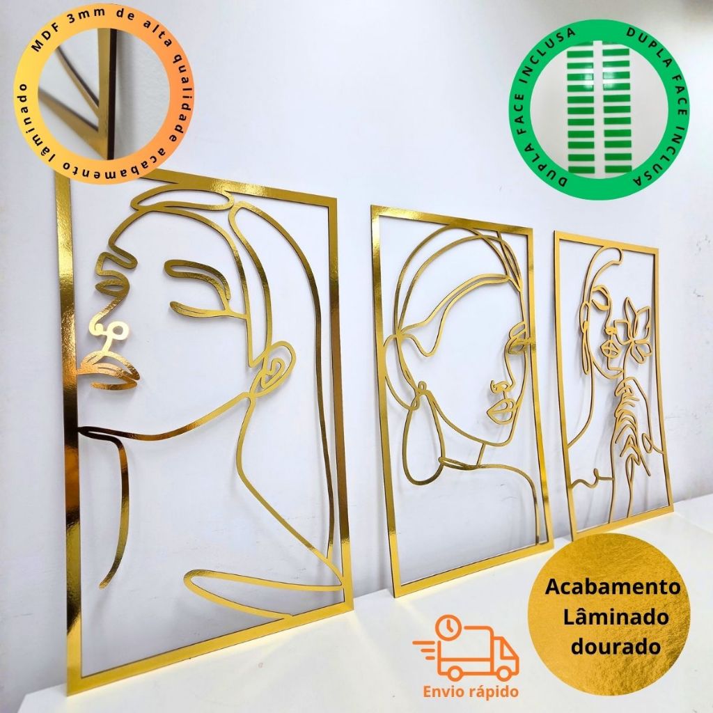 Kit Trio Faces Flor Quadro Decorativo Mdf 3mm Quarto Sala Cozinha Escritório Decoração Elegante