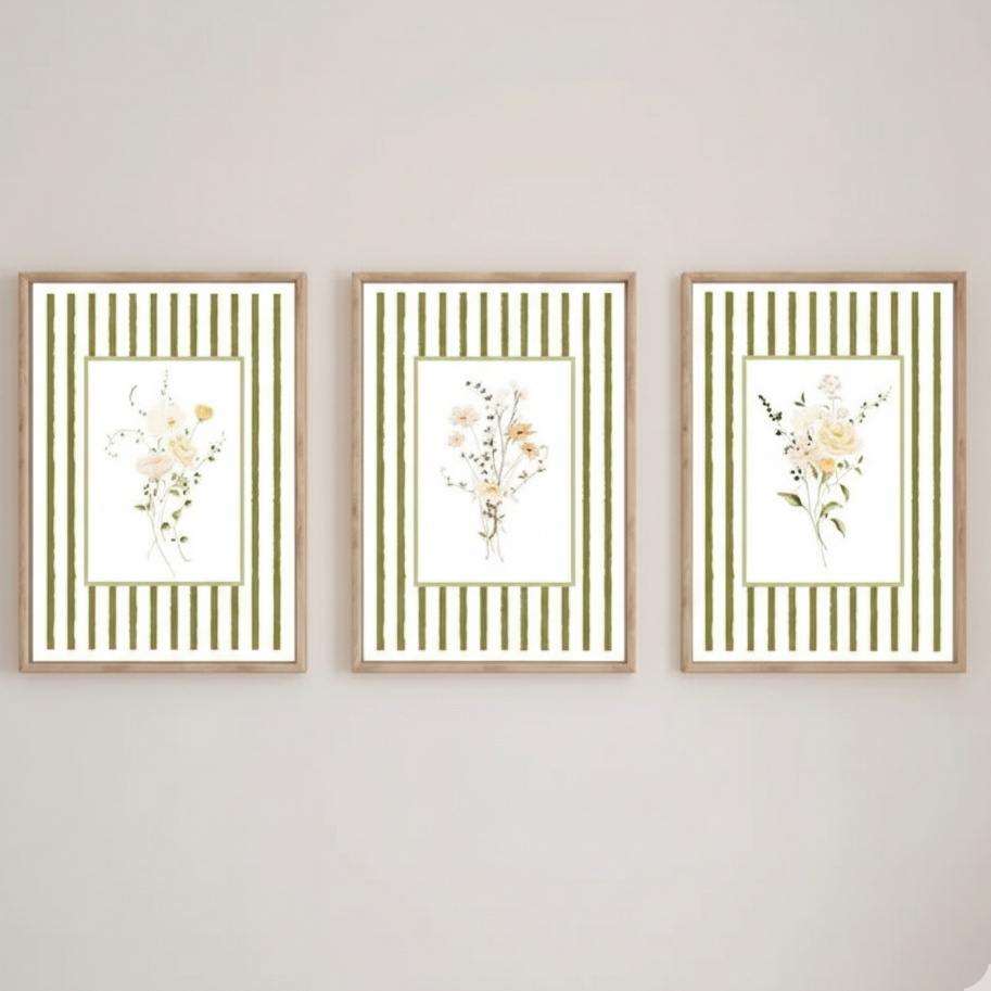 Quadros decorativos Fundo de listras e flores bonitas elegantes (3 peças)