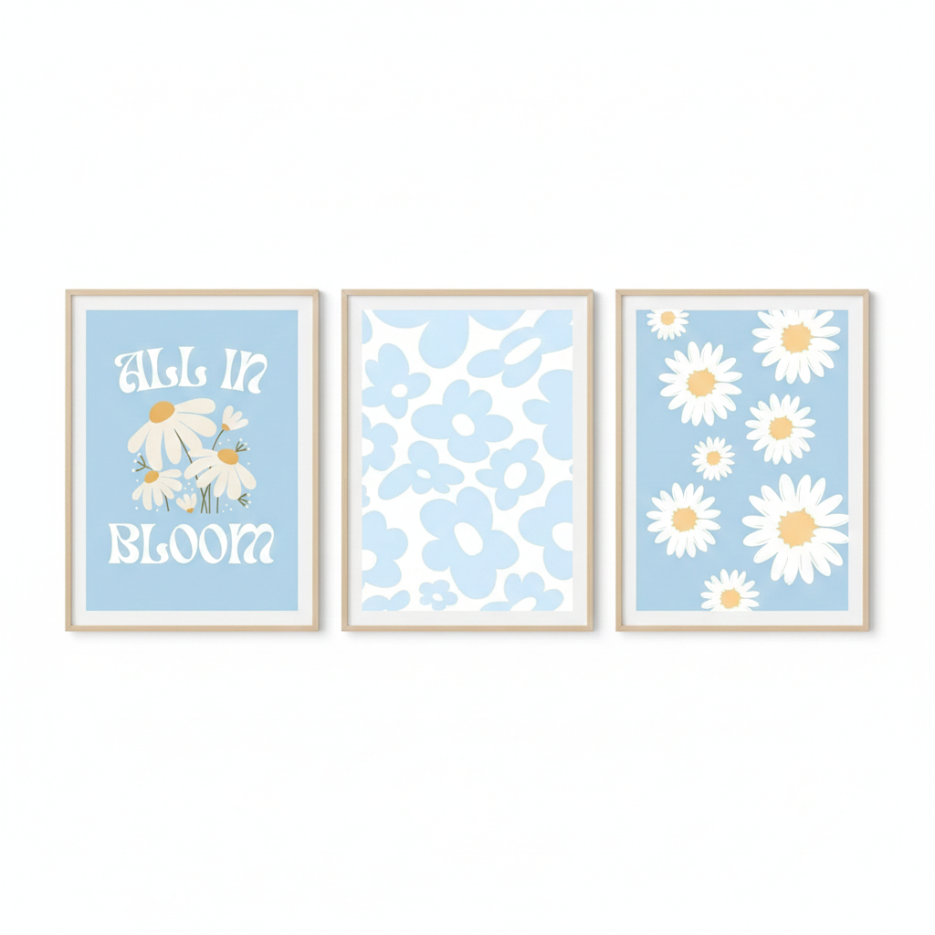 Quadros decorativos Boho Minimalista Azul claro, Moderno, Tendência, Elegante, Fofos (3 peças)