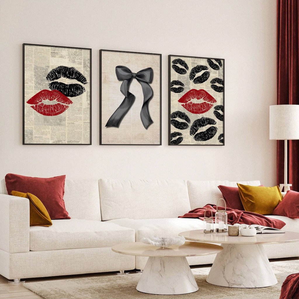 Quadros decorativos Beijos preto e vermelho e laços com fundo de jornal vintage e elegante (3 peças)