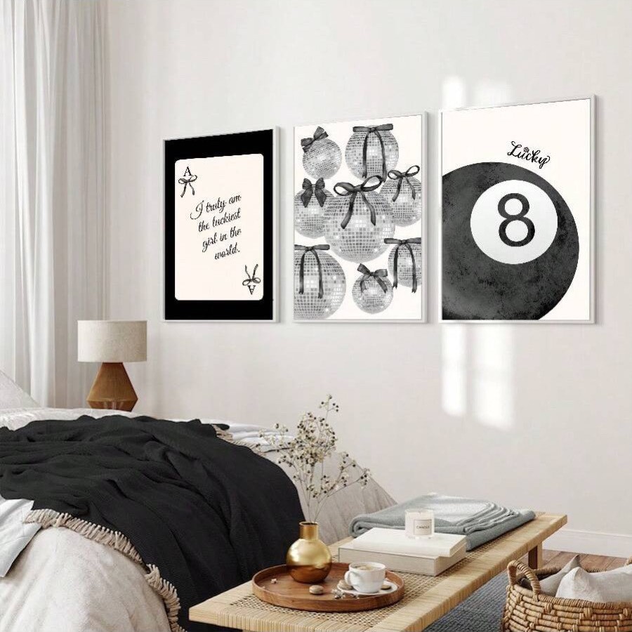 Quadros decorativos Carta, bola de bilhar e discoteca em tons preto e prata decoração elegante (3 peças)