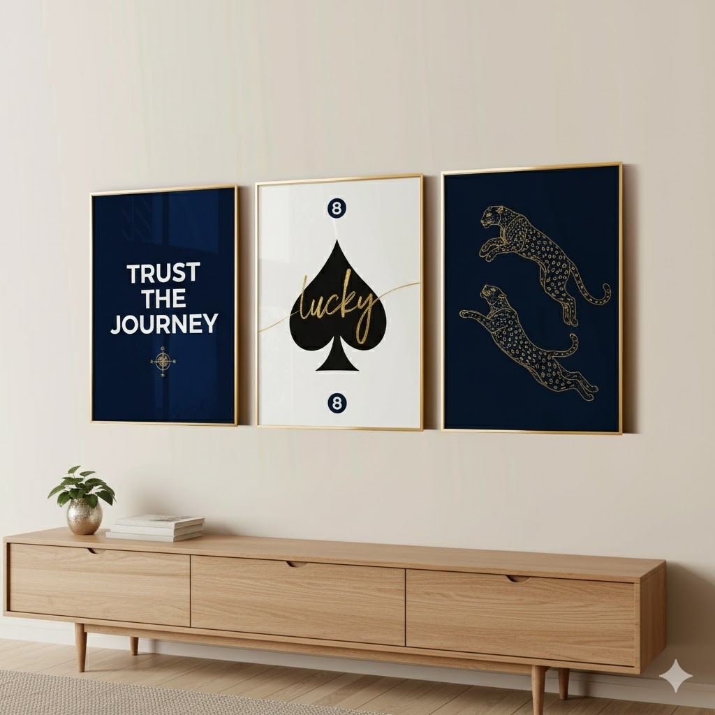Quadros decorativos elegantes navy e dourado com frases (3 peças)