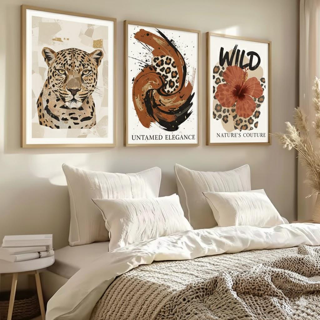 Quadros decorativos leopardo natureza elegante boho (3 peças)