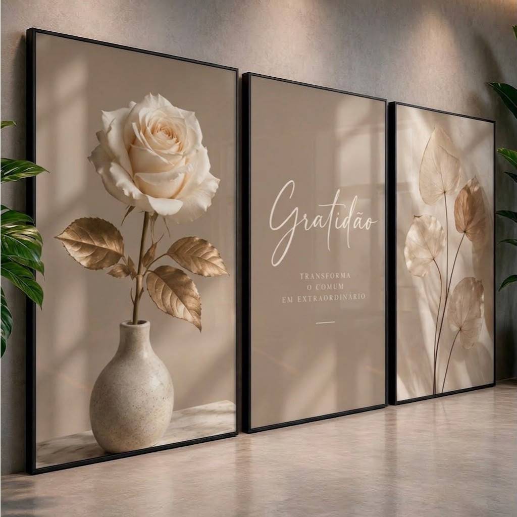 Kit 3 Quadros Decorativos Floral Rosa Gratidão Para Sala Quarto Moderno Elegante