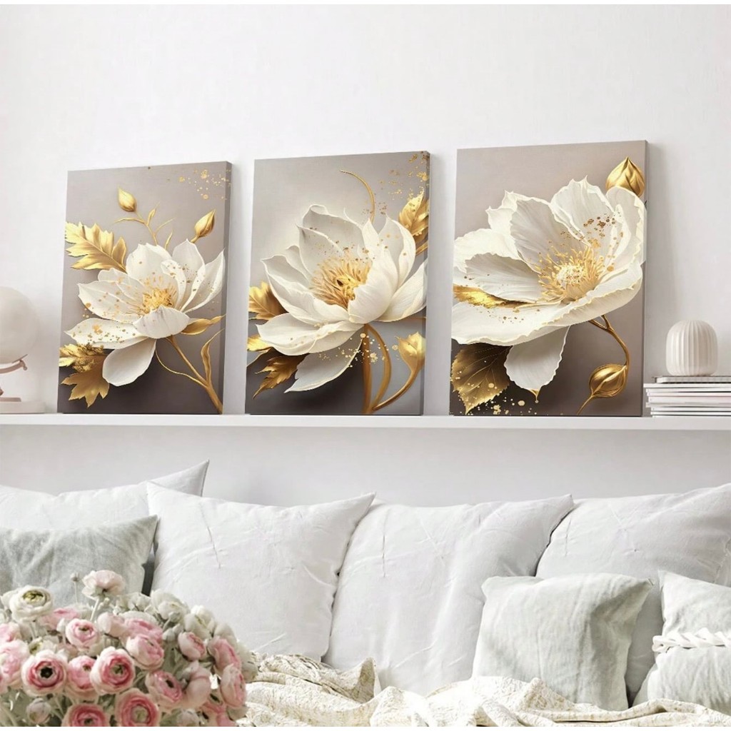 Quadros decorativos Flores Brancas Douradas Elegante Moderno (3 peças)