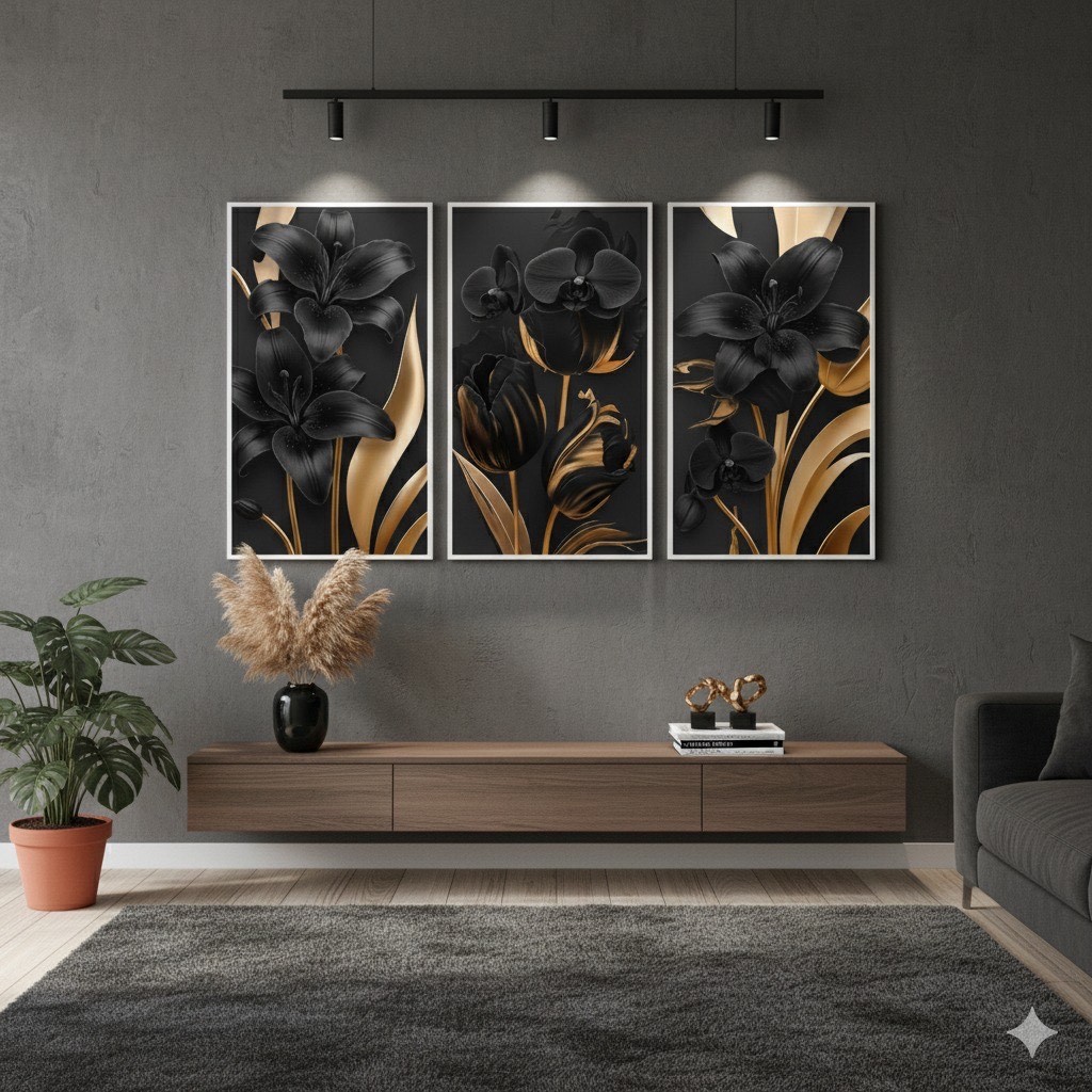 Quadros decorativos Flor Preto Dourado Minimalista Elegante (3 peças)