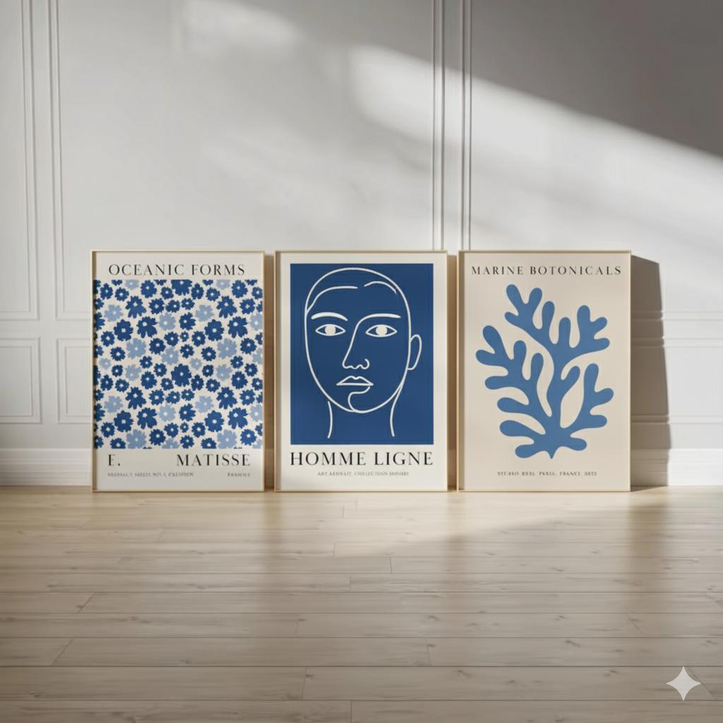 Quadros decorativos arte abstrata oceânica azul elegante (3 peças)