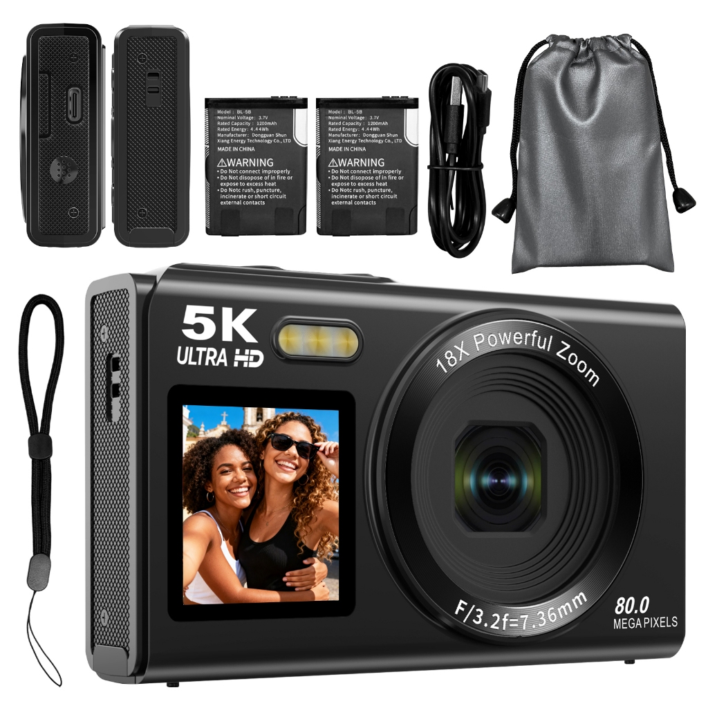 Câmera Digital Dupla Tela 5K 80MP Zoom 18X Preta, Câmera Compacta para Fotografia e Vídeo, Para Iniciantes