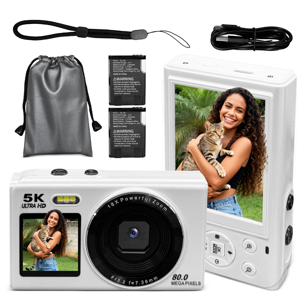 Câmera Digital Dupla Tela 5K 80MP Zoom 18X Preta, Câmera Compacta para Fotografia e Vídeo, Para Iniciantes