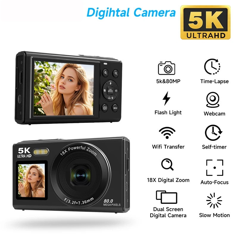 Câmera Digital De Tela Dupla 5K 80MP Retro CCD Câmeras Fotográficas 8000W Pixel Foco Automático Com Zoom De 18x Para Fot