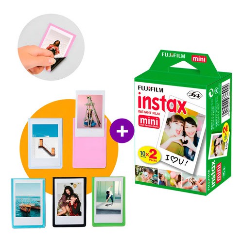 Kit Filme Fujifilm Instax Mini Original 20 Fotos + 5 Molduras Magnéticas Coloridas