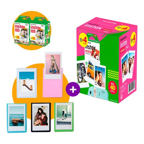 Kit Filme Fujifilm Instax Mini Original 40 Fotos + 5 Molduras Magnéticas Coloridas