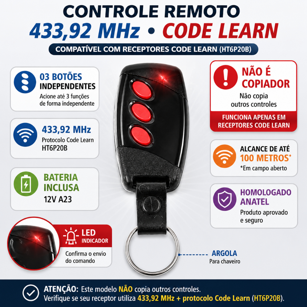 Controle Remoto Portão Eletrônico e Alarme Universal 3 Botões 433,92MHz Code Learn Compatível