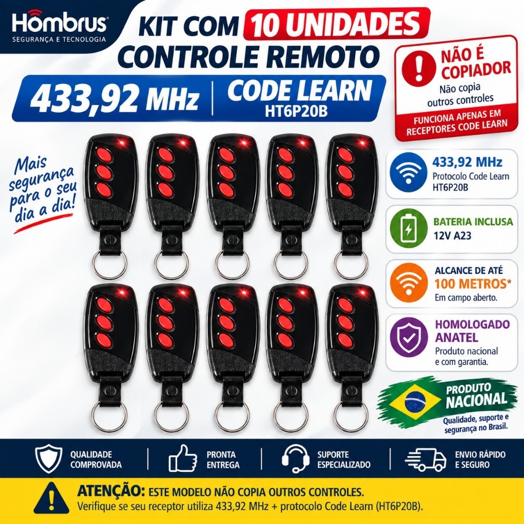 Kit 10 Controles de portão eletronico  3 Botões Hombrus nacional 433mhz Alarme Motor universal controle remoto