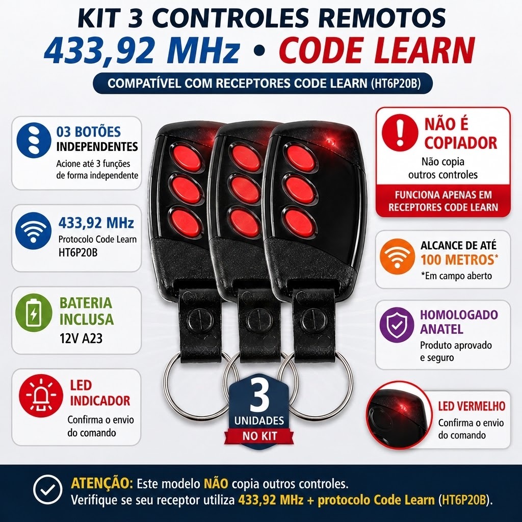 Kit 03 Controles remoto de portão eletronico universal 03 botões 433,92 mhz hombrus
