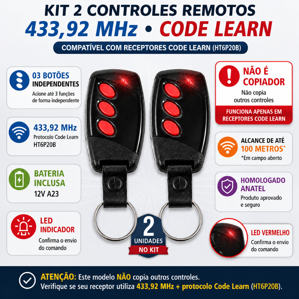 kit 2 Controles remoto de portão eletrônico  3 Botões Hombrus 433mhz Alarme universal