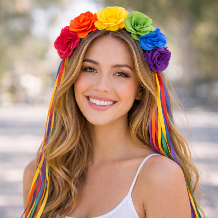 Tiara de Flores Coloridas com Fitas Longas – Arco Floral Arco-íris para Fantasias, Festas, Eventos Halloween