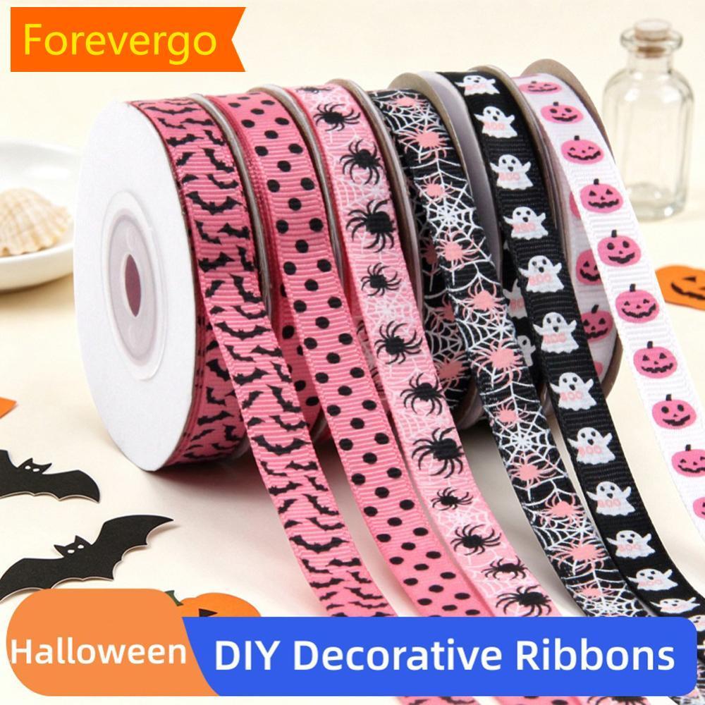 forevergo 10 Jardas/Rolo 1cm Rosa Preto Halloween Fantasma Abóbora Impresso Embrulho Fita Arco Webbing DIY Costura Artes