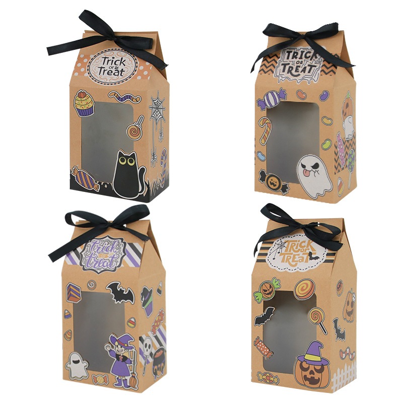 Caixa De Doces De Halloween , Presente Ou Travessuras , Papel Kraft Embalagem De Biscoitos Com Fita , Arco , Janela , Le