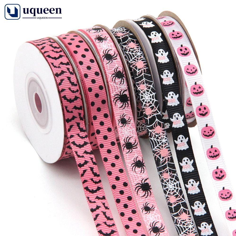 UQUEEN 10 Jardas/Rolo 1cm Rosa Preto Halloween Fantasma Abóbora Impresso Embrulho Fita Arco Webbing DIY Costura Artesana