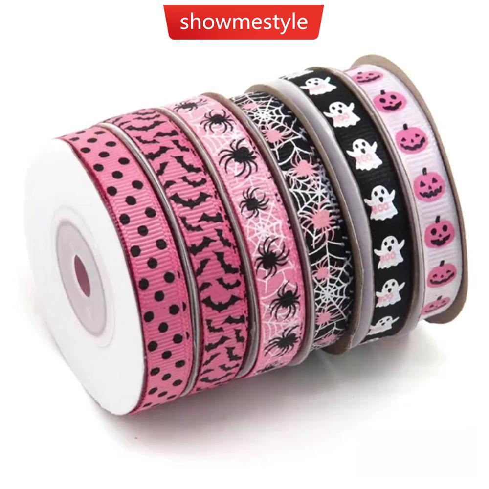 SMS 10 Jardas/Rolo 1cm Rosa Preto Halloween Fantasma Abóbora Impresso Embrulho Fita Arco Webbing DIY Costura Artesanato