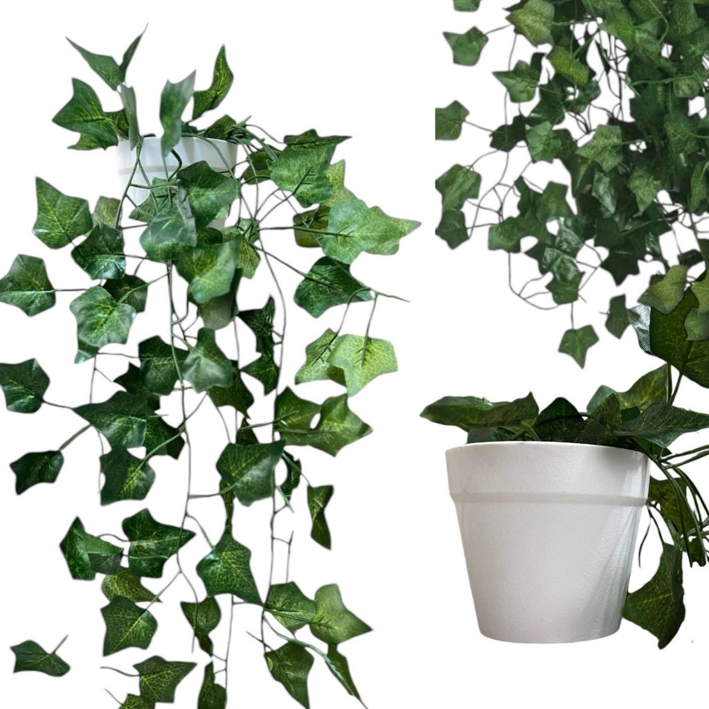 Kit Decoração: Vaso Branco Liso + Planta Artificial Bambu Verde Pendurada para Ambientes Internos e Externos
