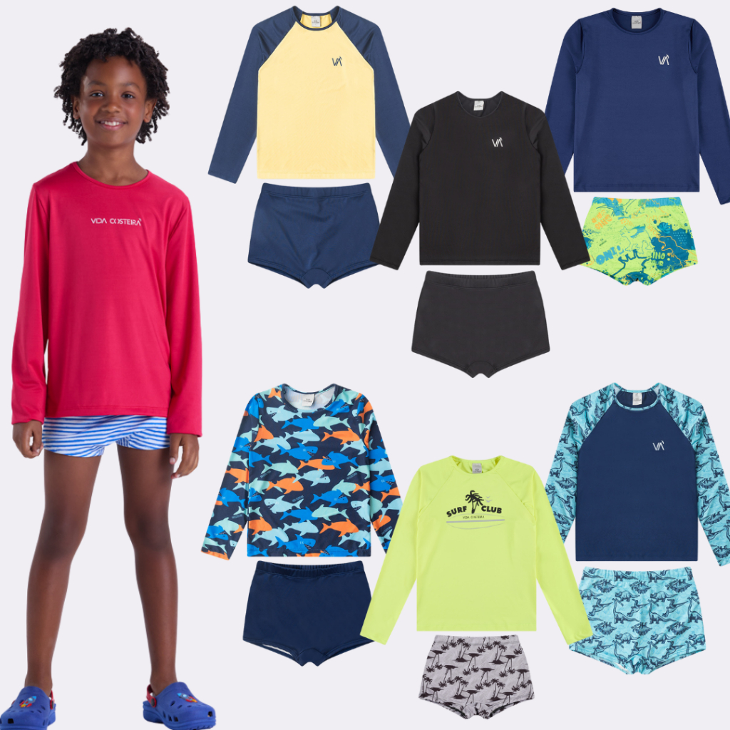Kit Sortido 4 Peças de Roupas Infantis Menino Moda Praia- 2 Camisas + 2 Sungas
