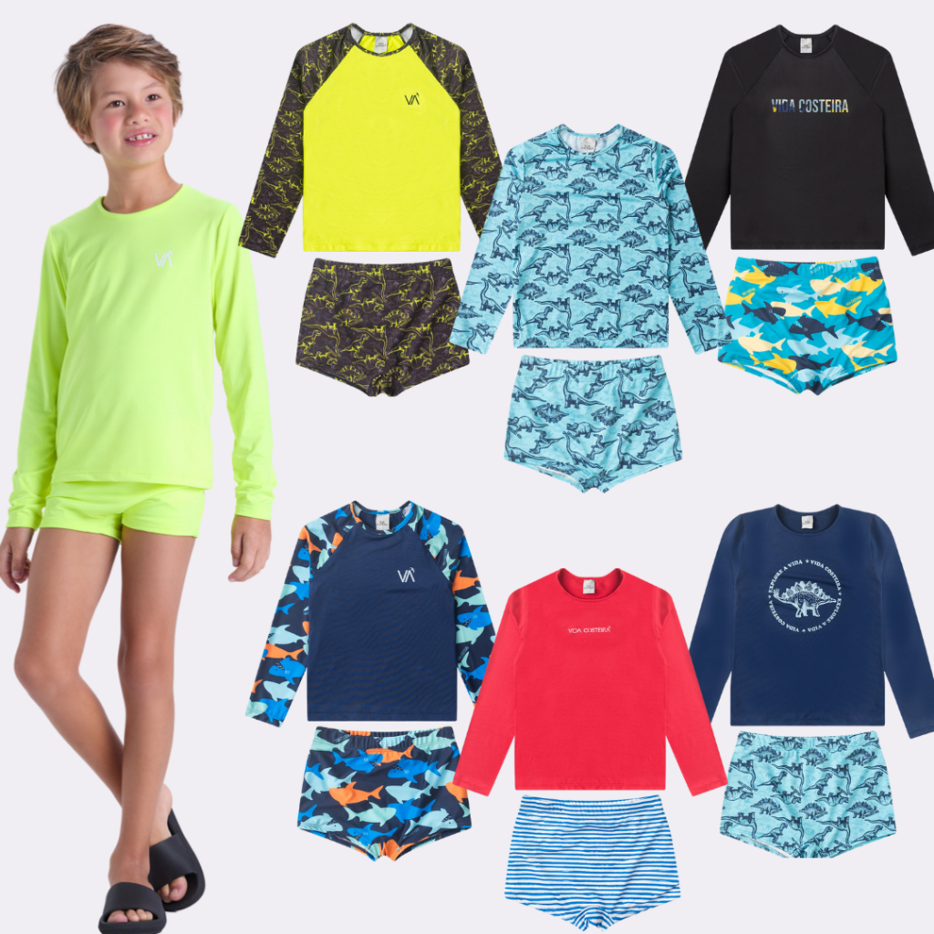 Kit Sortido 6 Peças de Roupas Infantis Menino Moda Praia- 3 Camisas + 3 Sungas