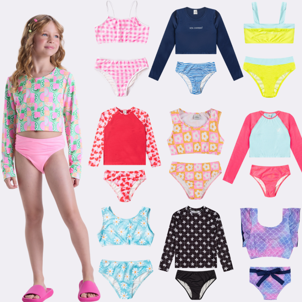 Kit Sortido 6 Peças de Roupas Infantis Menina Moda Praia- 3 Tops + 3 Calcinhas