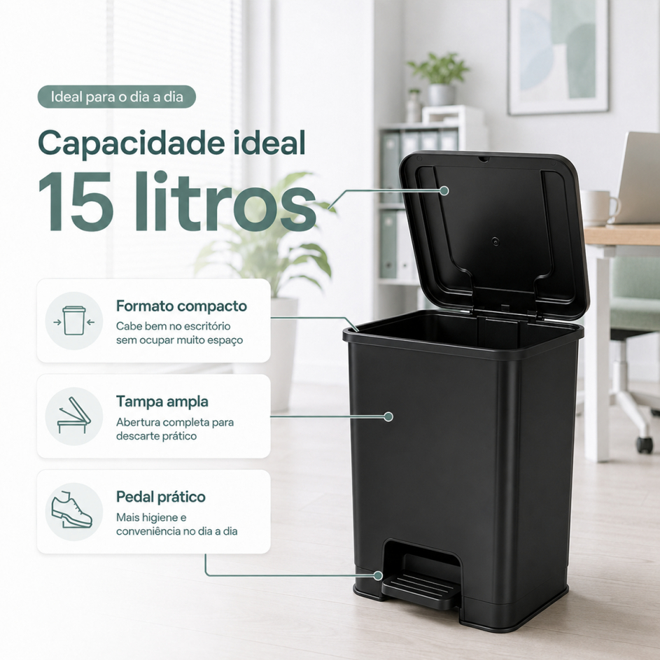 Lixeira com pedal 15L multifuncional ABS anti odor higiênica cozinha banheiro sala escritório compacta