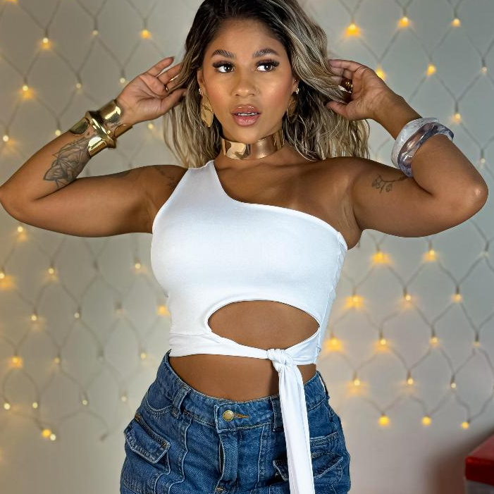 Cropped Feminino de Um Ombro Só Suplex Premium com Bojo e Amarração Frontal Moda Verão Festa