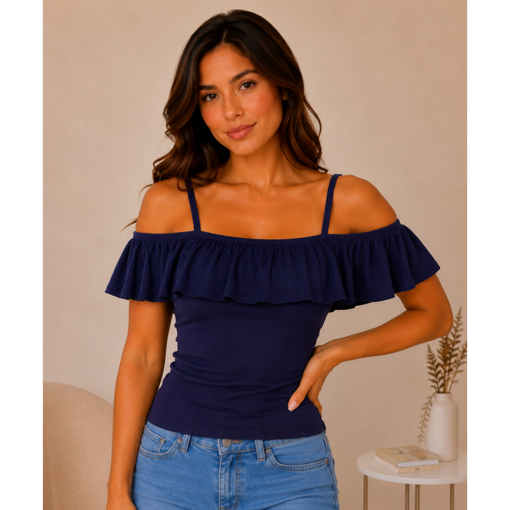 Blusa Feminina Canelada Premium Babado Frontal Ombro Vazado Alcinha Confortável