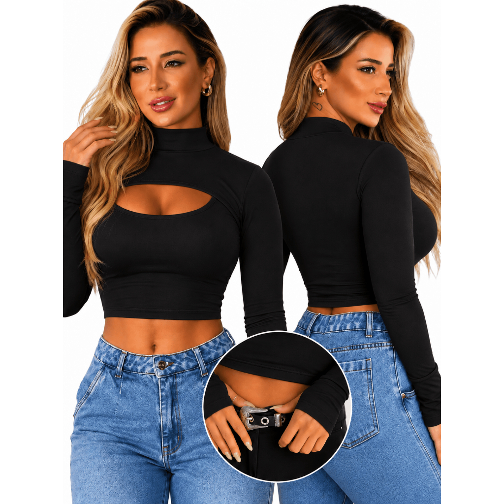 Cropped Feminino Manga Longa Abertura Frontal Suplex Premium Modelador Elegante Moda Blogueira Inverno