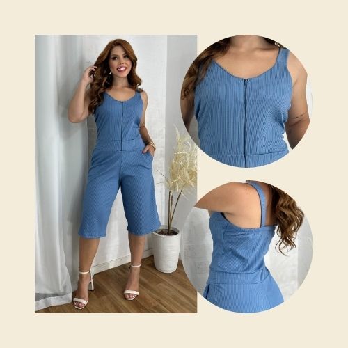 Macaquinho Feminino Midi Alça Larga Com Bolso Zíper Frontal Malha Canelada Premium