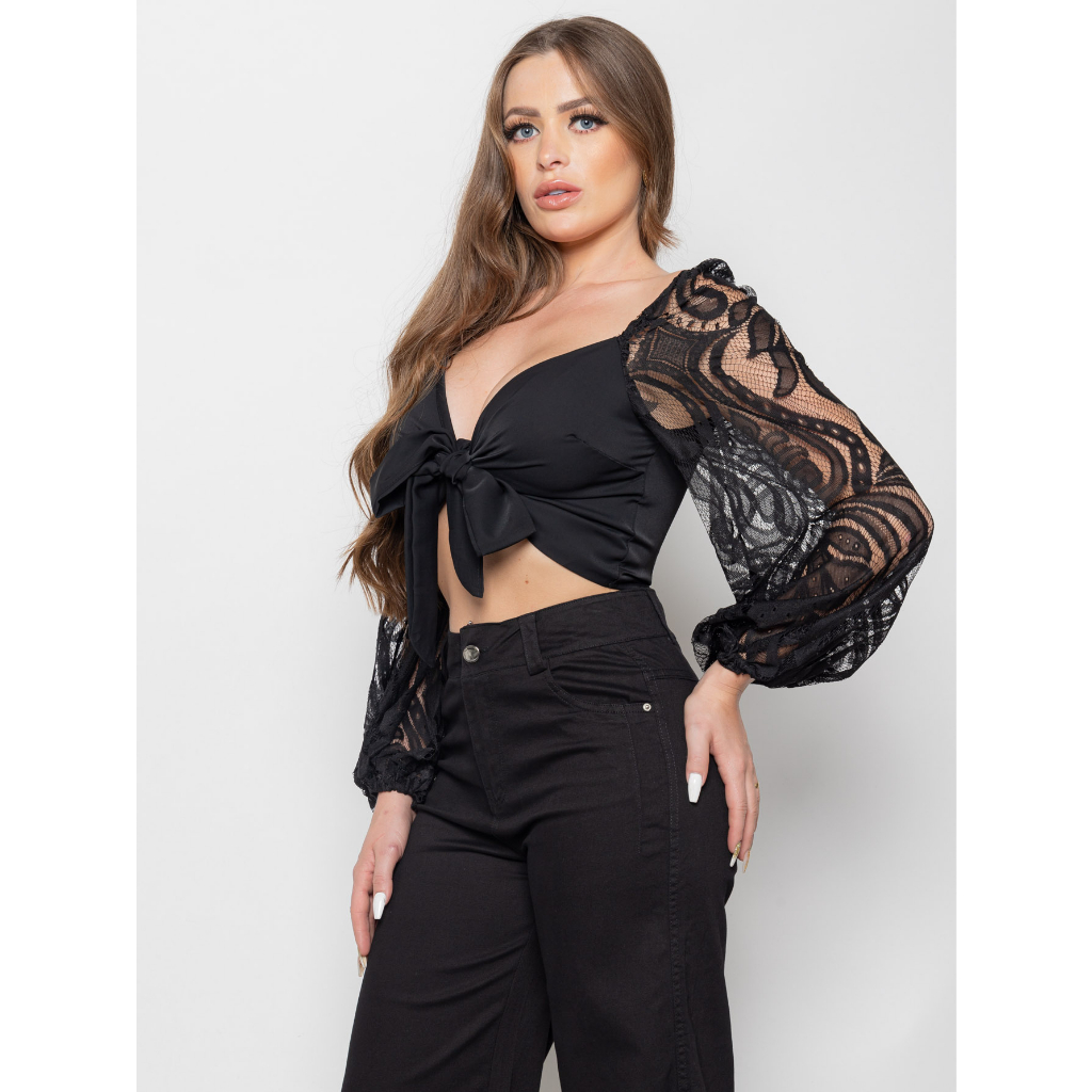Cropped Feminino Decote V em Amarração Blusa com Manga Balão Buffante Rendada Frontal Premium Luxo