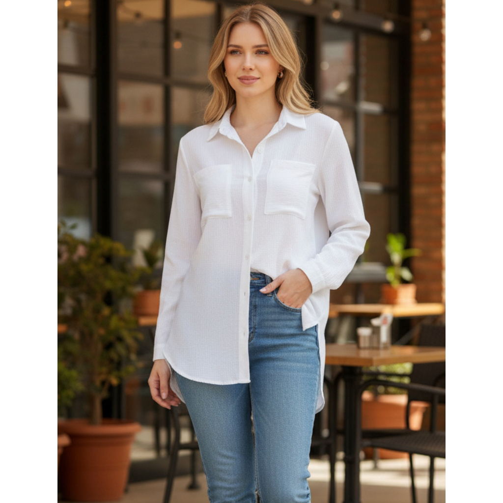 Camisa Social Feminina Com Bolsos Frontais Blusa Feminina Manga Longa Alfaiataria Linho Premium