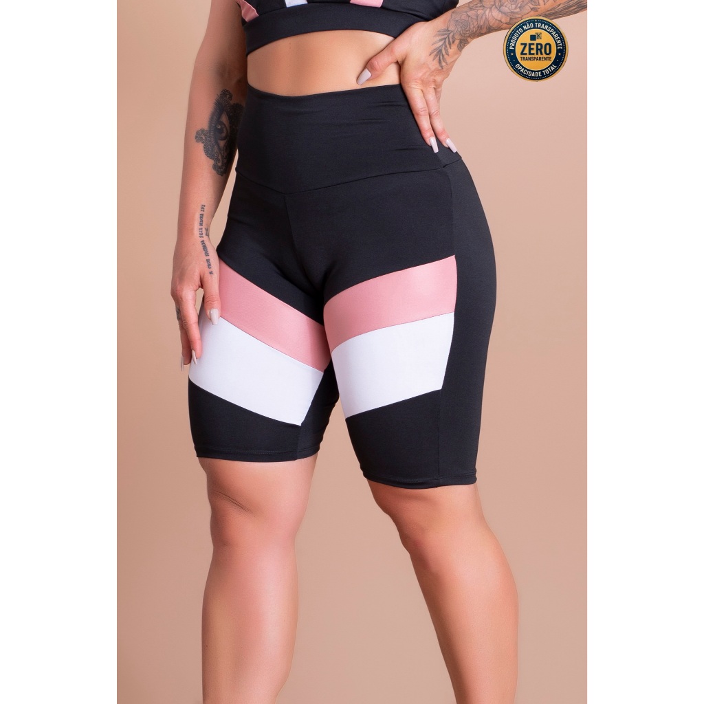 Bermuda Cintura Alta Fitness Ciclista Feminina Detalhe Perna Academia Treino ZERO TRANSPARÊNCIA