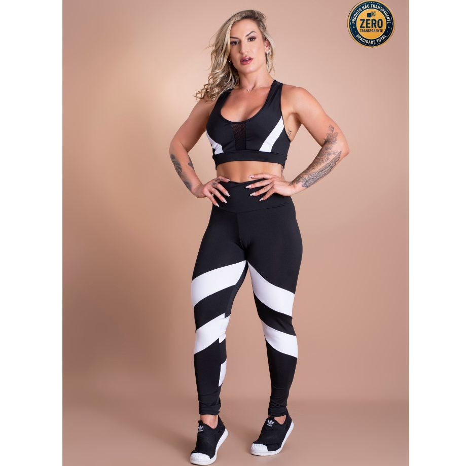 Conjunto Fitness Feminino Calça Legging Cintura Alta Trançada Perna e Top Nadador Tela Academia ZERO TRANSPARÊNCIA