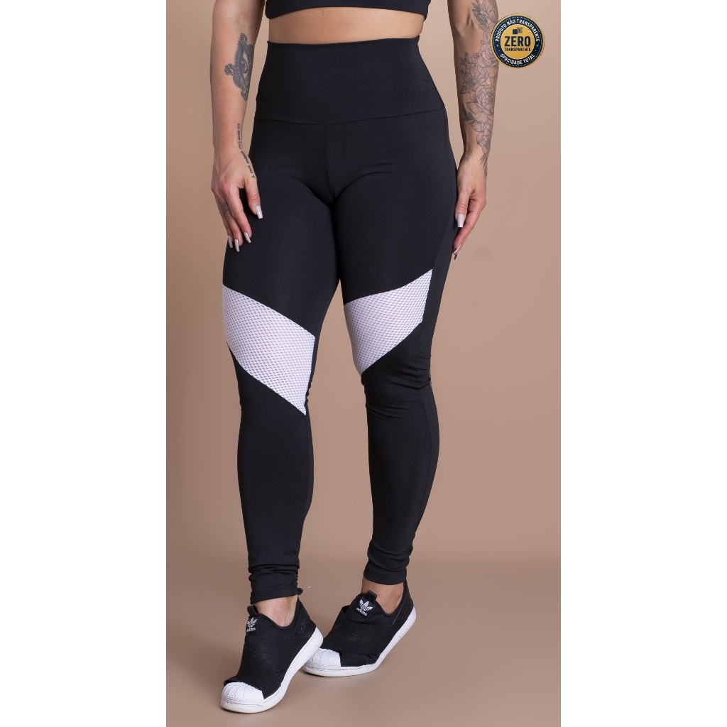 Calça Feminina Legging Cintura Alta Com Detalhe Tela Perna Treino Academia ZERO TRANSPARÊNCIA