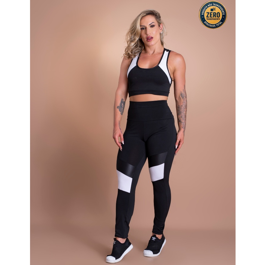 Conjunto Feminino Fitness Top Nadador Decote E Calça Legging Cintura Alta Recorte Perna Academia ZERO TRANSPARÊNCIA