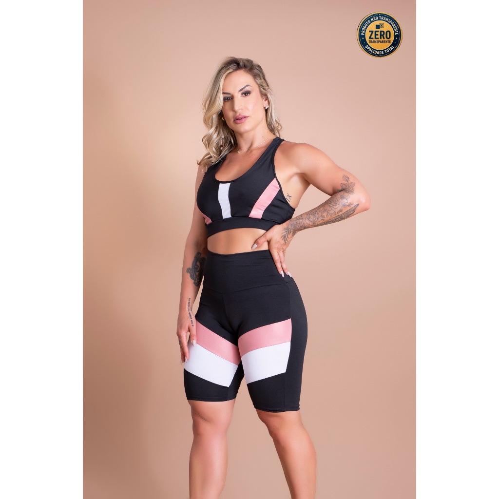 Conjunto Fitness Feminino Bermuda Cintura Alta Recorte Perna E Top Nadador Liso Sustentação Academia ZERO TRANSPARÊNCIA
