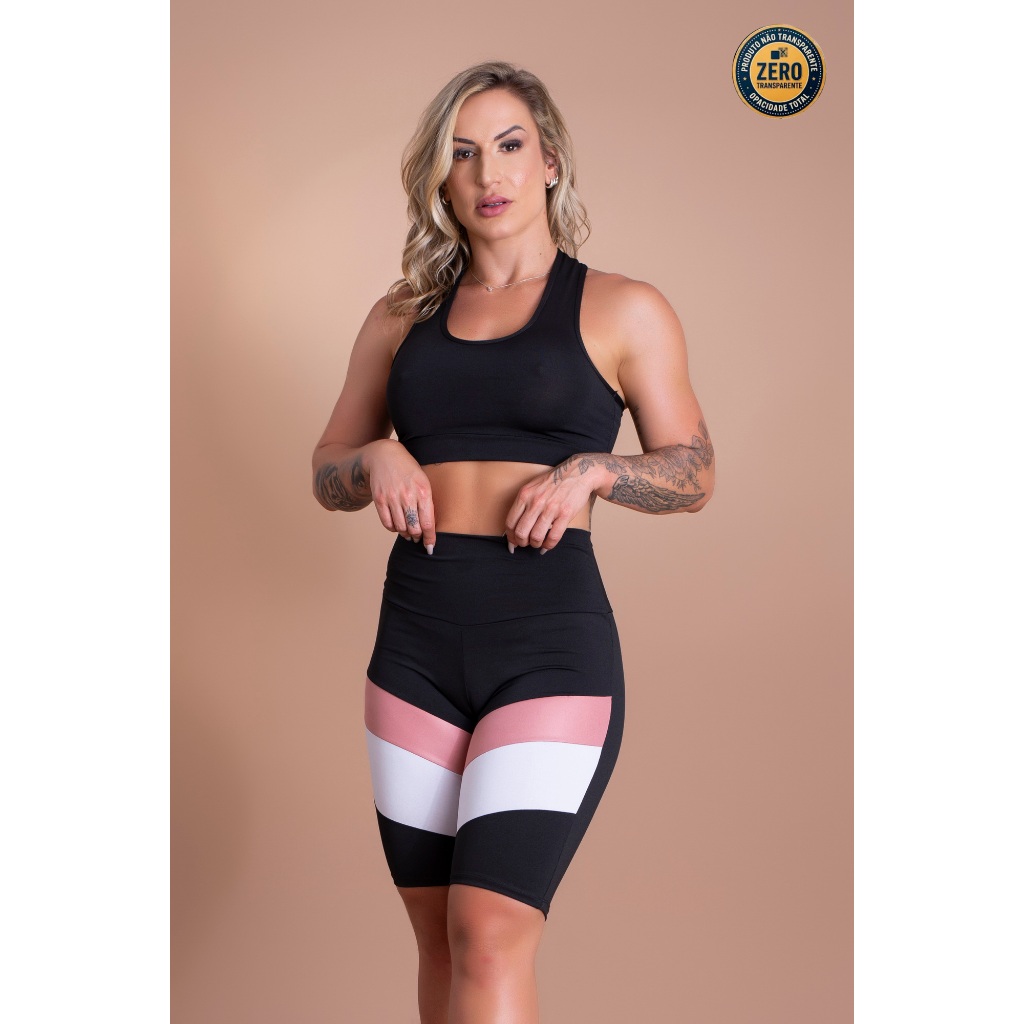 Conjunto Fitness Feminino Bermuda Cintura Alta Detalhe Perna E Top Nadador Liso Básico Academia ZERO TRANSPARÊNCIA