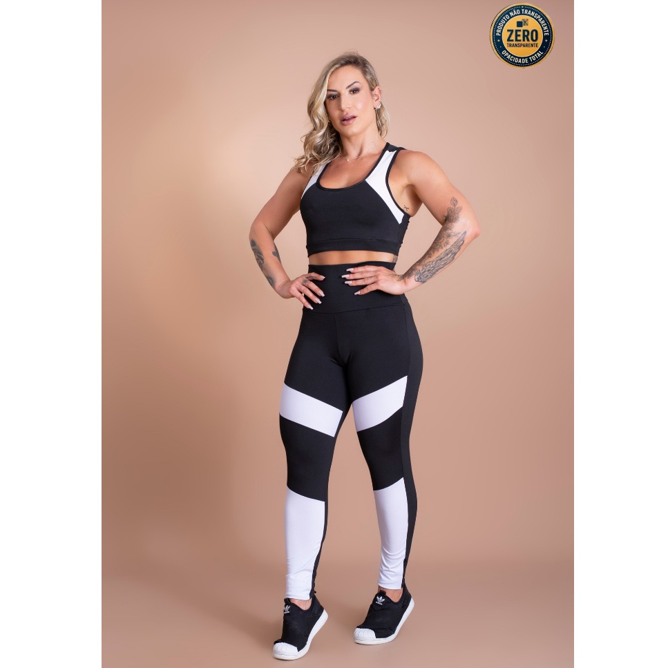 Conjunto Fitness Feminino Top Nadador Costa Decote E Calça Legging Cintura Alta Detalhe Perna Treino ZERO TRANSPARÊNCIA