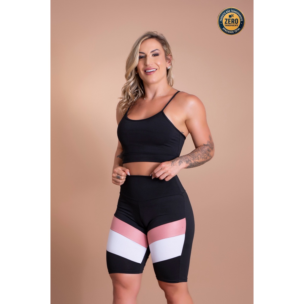 Conjunto Fitness Feminino Bermuda Cintura Alta Detalhe Perna E Top Cropped Alcinha Treino Academia ZERO TRANSPARÊNCIA