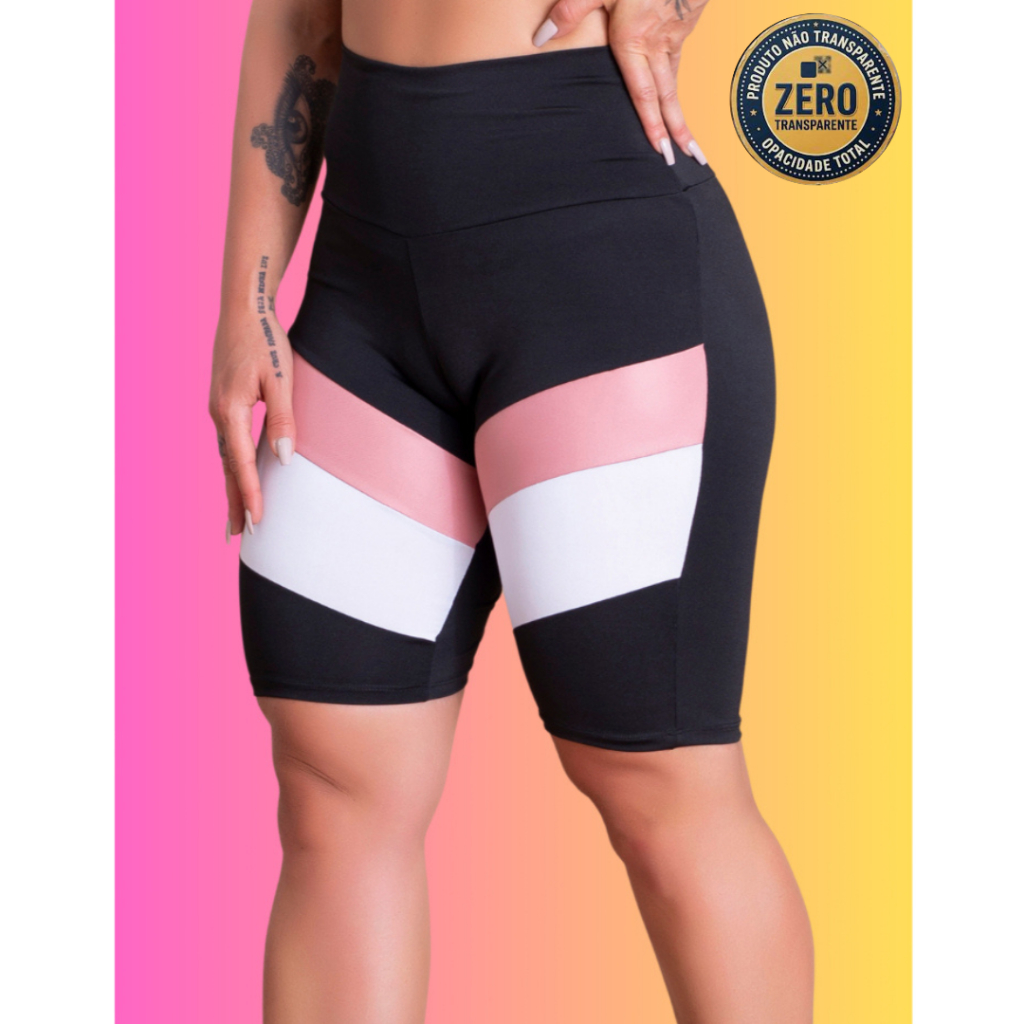 Bermuda Fitness Ciclista Feminina Cintura Alta Academia Treino Com Detalhe Recorte Perna ZERO TRANSPARÊNCIA