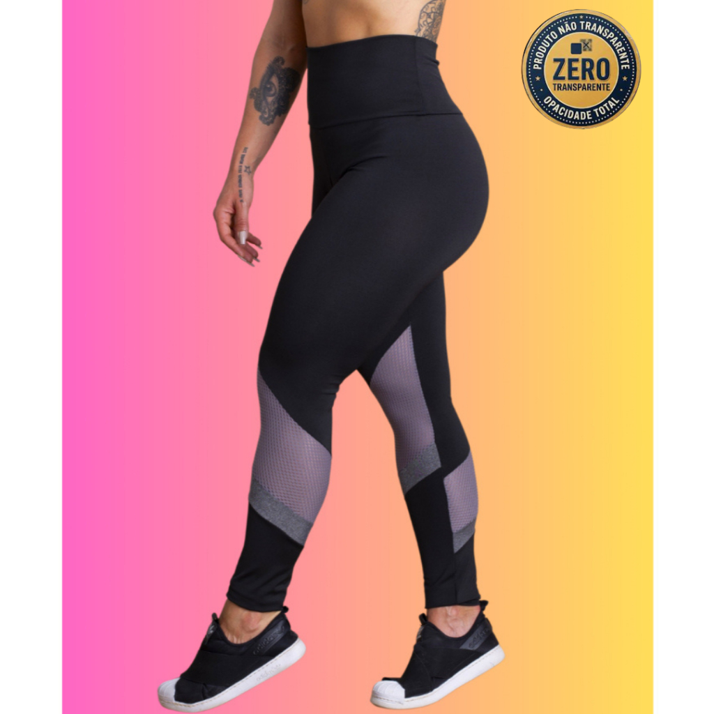 Calça Legging Fitness Feminina Cintura Alta Com Detalhe Tela Perna Esportiva Academia Moda Treino RIQ Modas