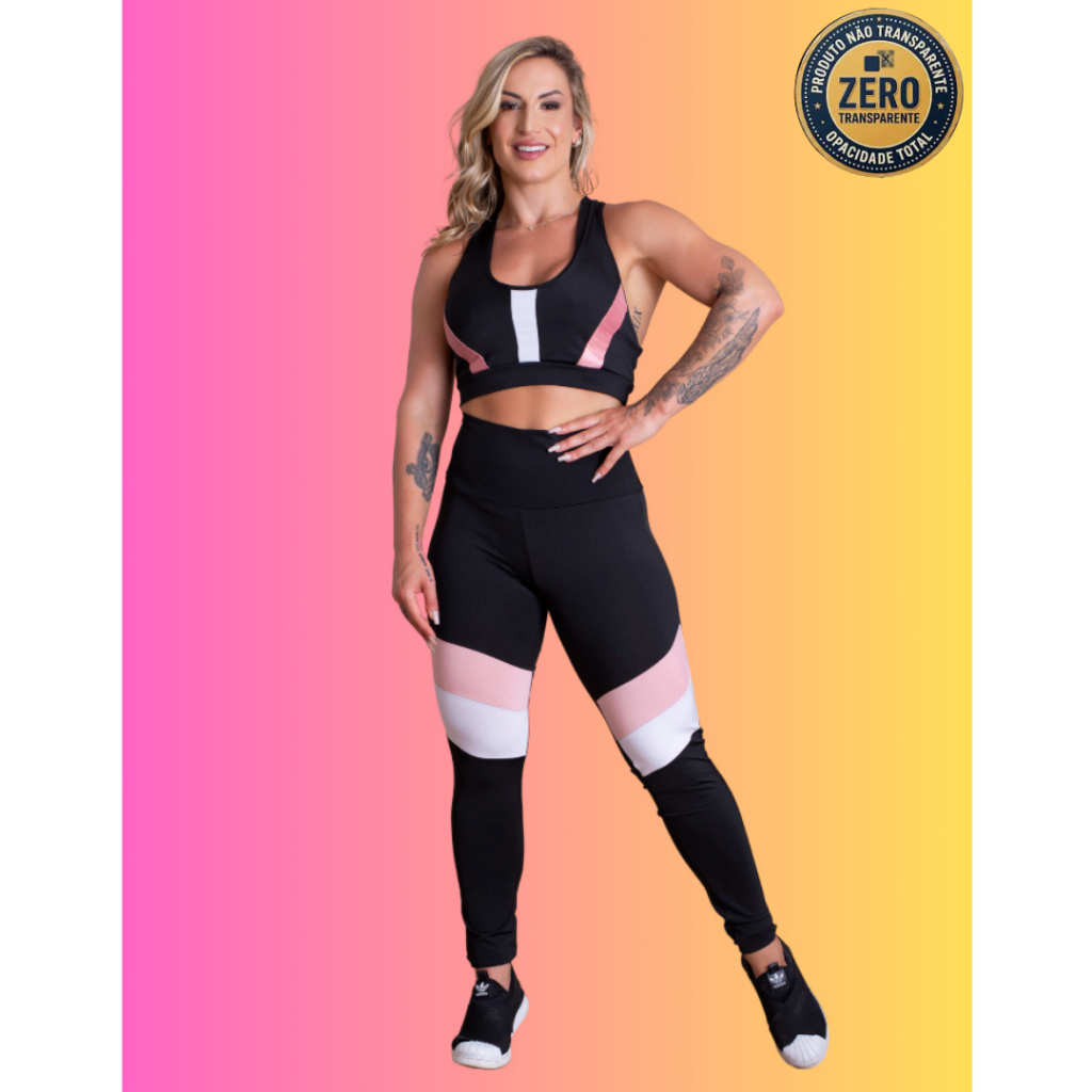 Conjunto Fitness Feminino Calça Legging Cintura Alta Detalhe Perna E Top Nadador Sustentação Academia ZERO TRANSPARÊNCIA